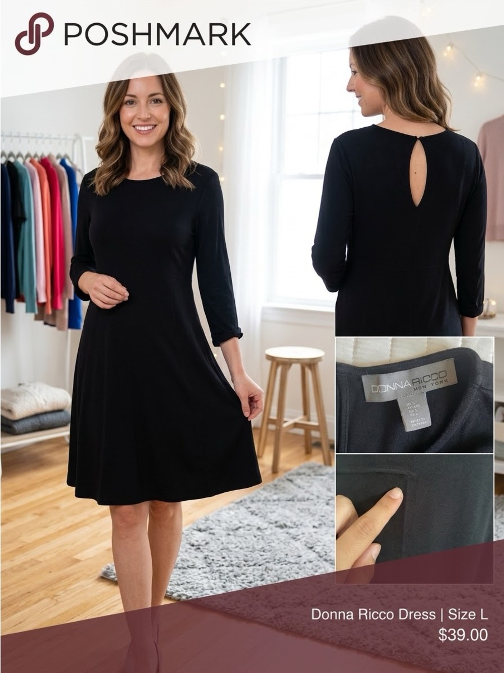 Donna Ricco Black Three-Quarter Sleeve Midi Fit-and-Flare Dress